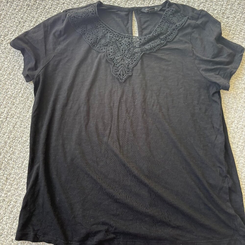 Banana Republic Elevated Black Tee with Intricate Lace Detail